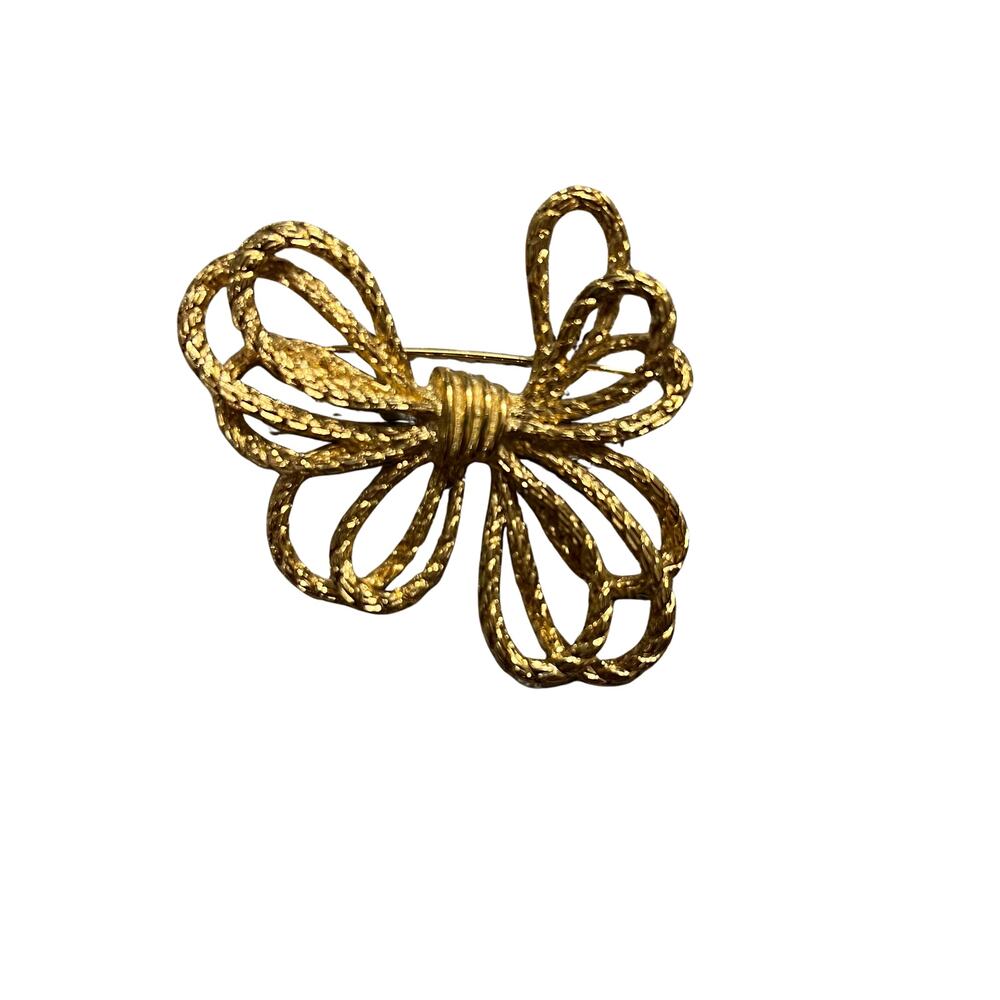 Vintage Gold Bow Brooch Textured Ribbon Pin